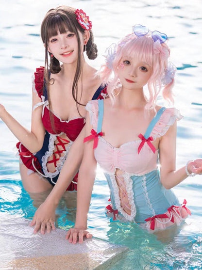 Ruffle Shoulder Pearl Ribbon Decoration Idol Style Swimsuit Dress
