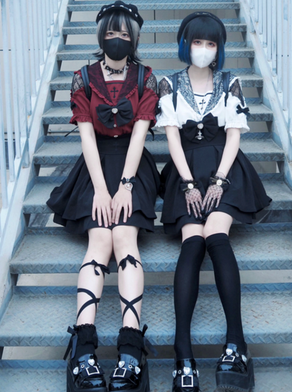 [pre-order] Lace Cross Collar Top + High Waist Skirt