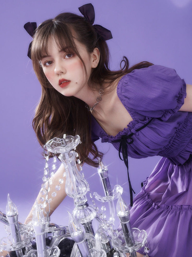 Chiffon Waist Square Collar Puff Sleeve Princess Set