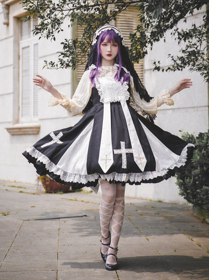 Cross Lolita Dress + Short Jacket + Headband + Veil + Collar