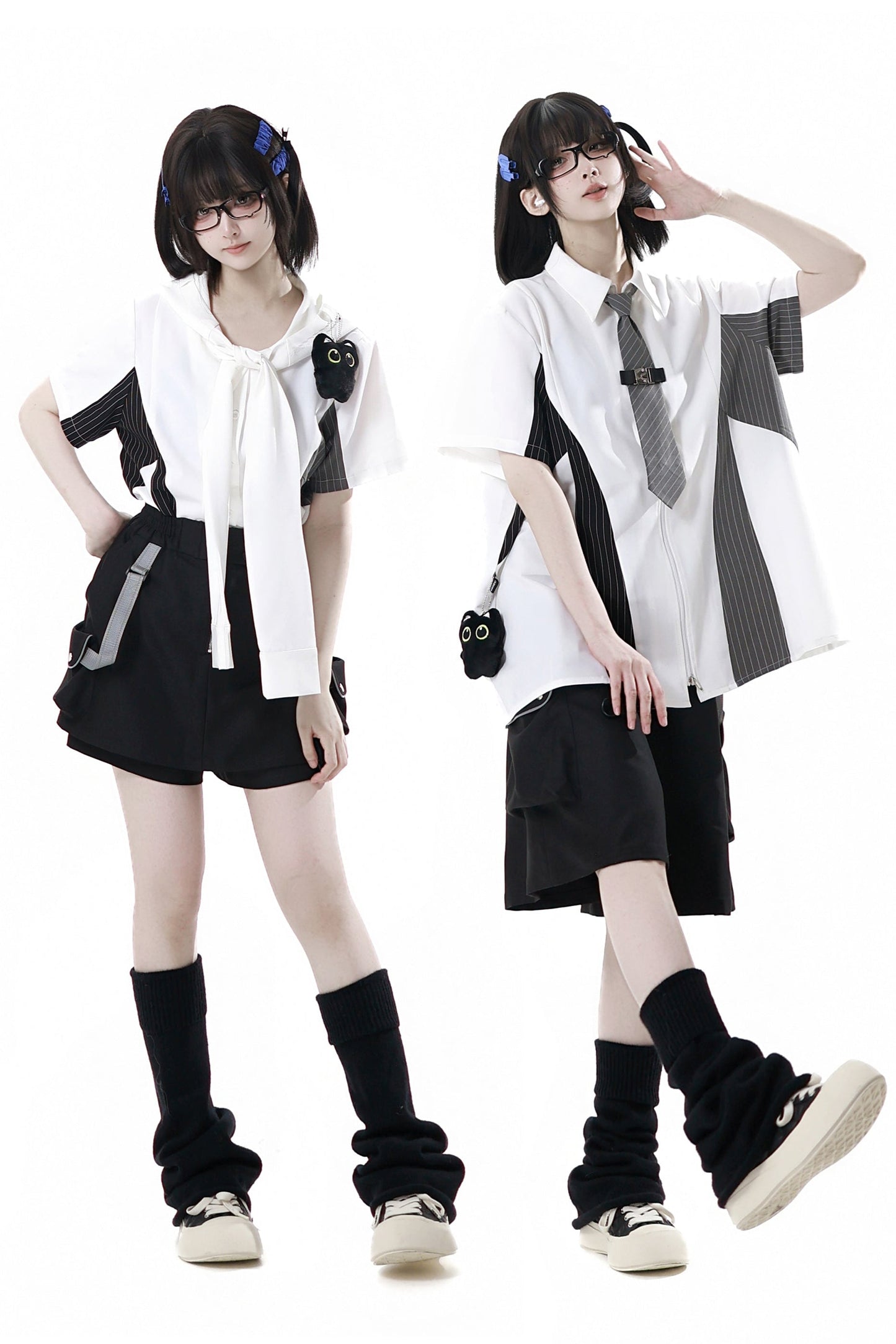 Stripe Stitch Design Shirt + Hooded Shirt + Shorts + Culottes + Tie