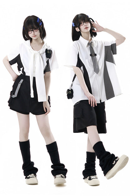 Stripe Stitch Design Shirt + Hooded Shirt + Shorts + Culottes + Tie