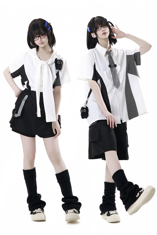 Stripe Stitch Design Shirt + Hooded Shirt + Shorts + Culottes + Tie