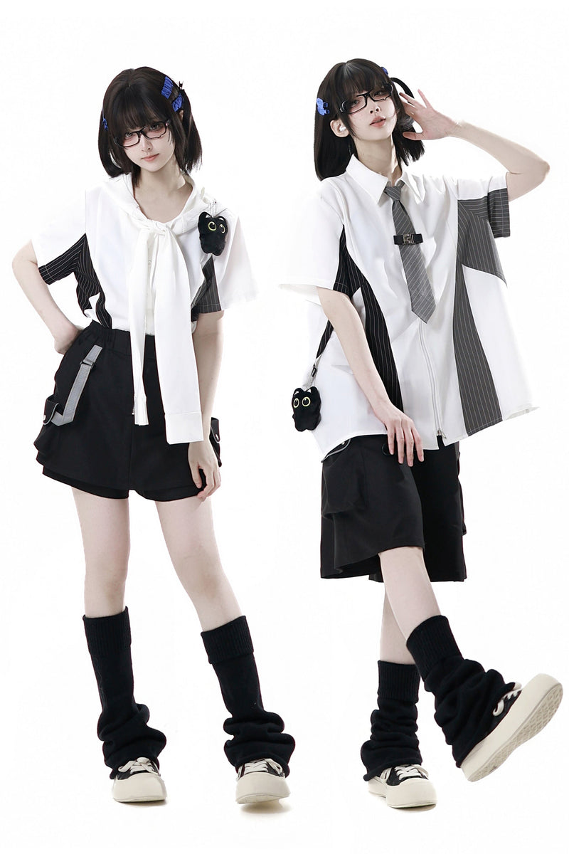 Stripe Stitch Design Shirt + Hooded Shirt + Shorts + Culottes + Tie