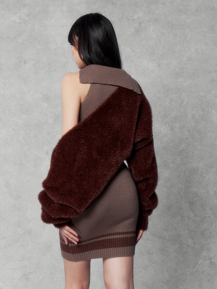 Pure Desire Girly Atmosphere Fur Knit Short Cardigan & Twist Knit Dress Two-piece Suit