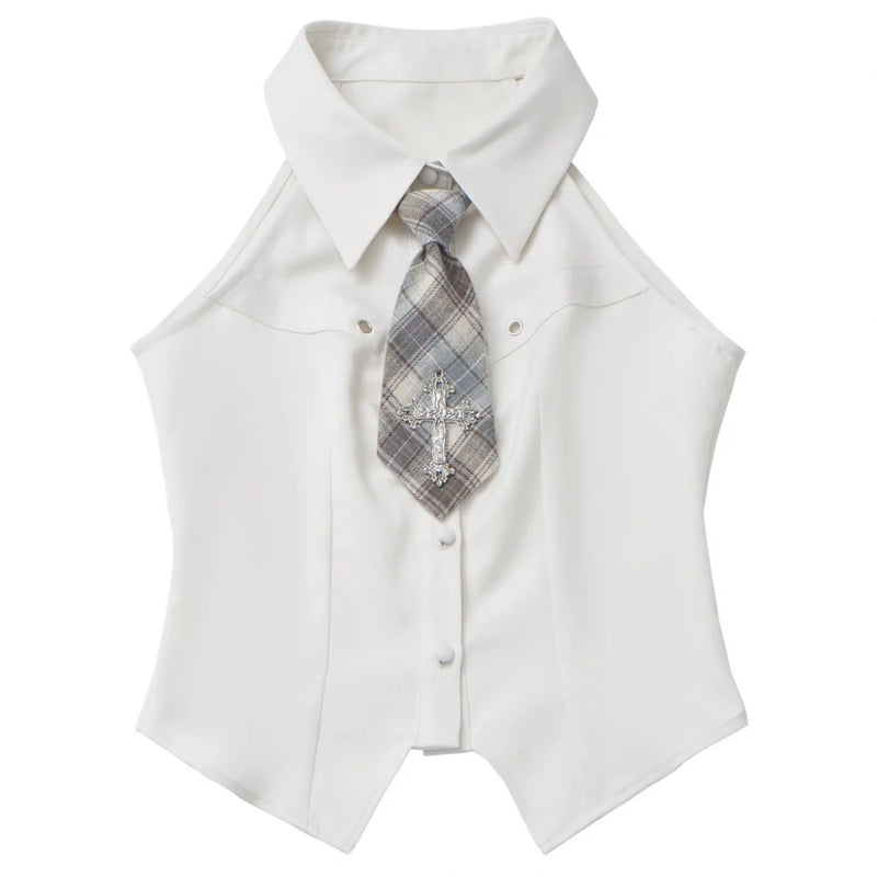 Y2k Hooded Crop Top + Sleeveless Shirt With Tie + Plaid Culottes