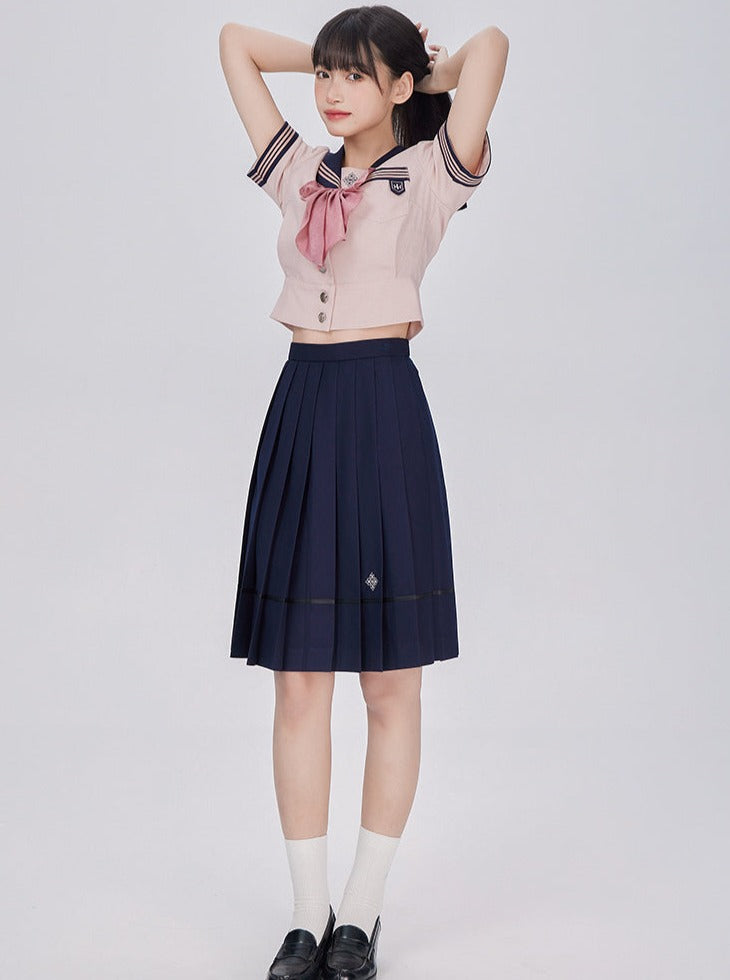 College Sailor Top + High Waist Slim a Line Skirt
