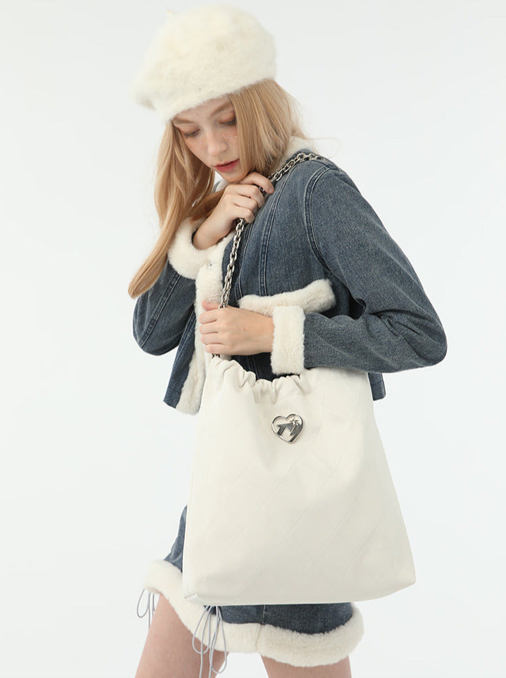 Cool Metal Diamond Quilted Leather Chain Tote Bag