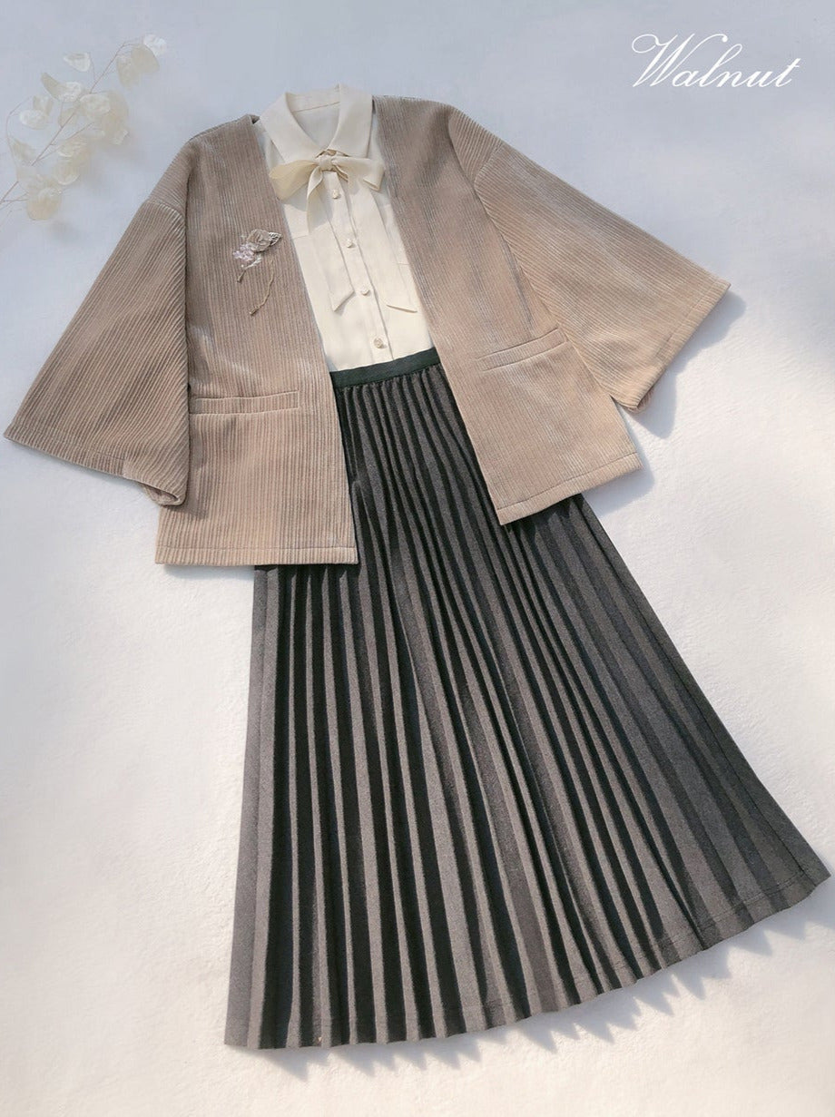 Sakura Note Showa Retro Haori Jacket + Chiffon Ribbon Shirt + Checkered Skirt + Dark Gray Skirt + Brooch