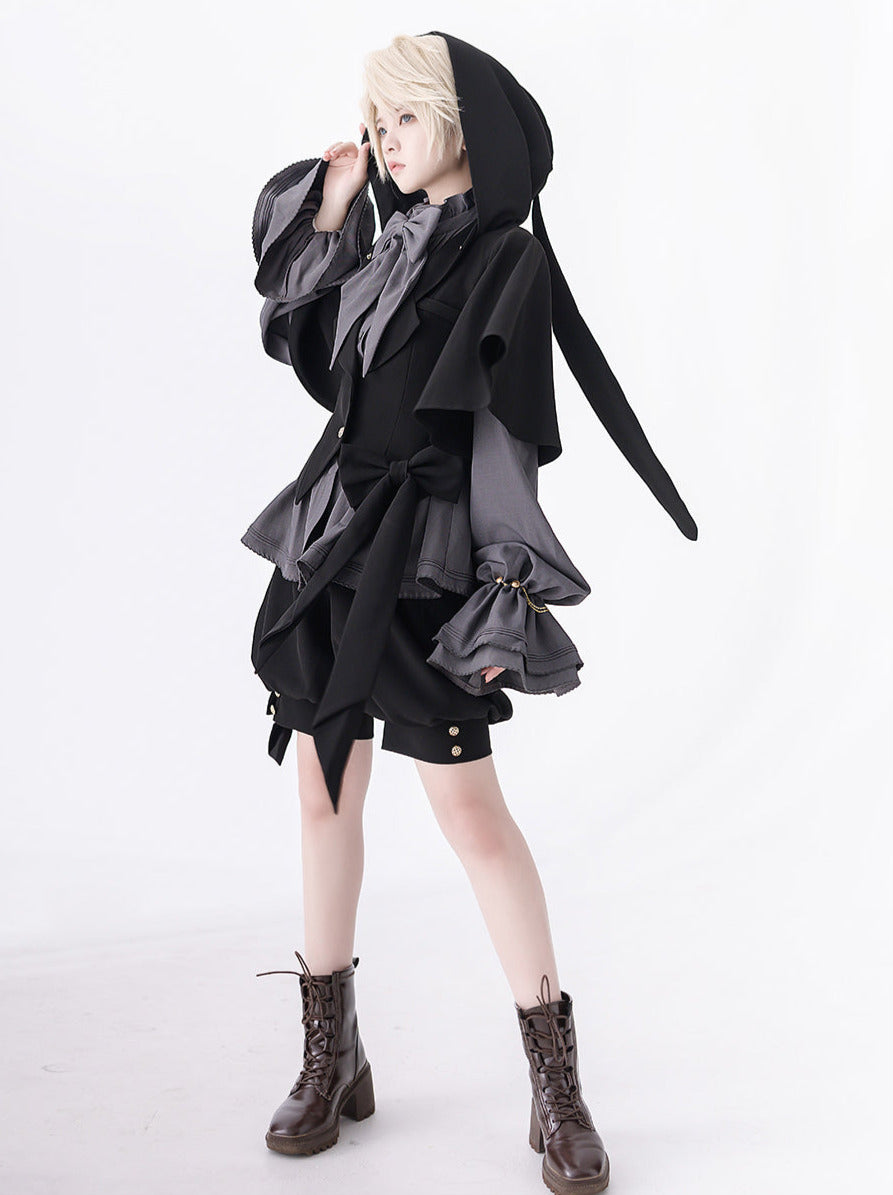 Rabbit Retro Dark Cool Rabbit Ears Hoodie Set [cape Coat / Blouse / Short Pants]