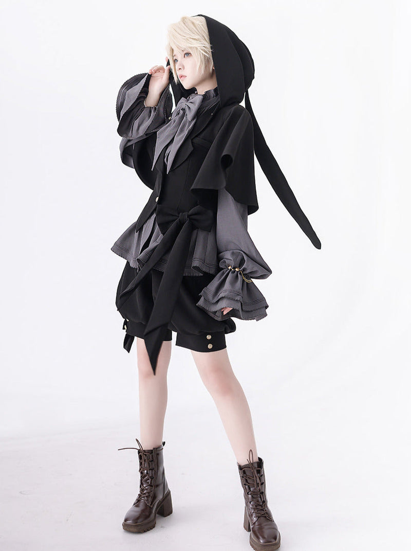 Rabbit Retro Dark Cool Rabbit Ears Hoodie Set [cape Coat / Blouse / Short Pants]