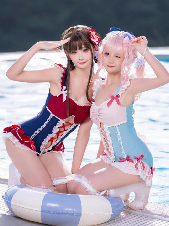 Ruffle Shoulder Pearl Ribbon Decoration Idol Style Swimsuit Dress