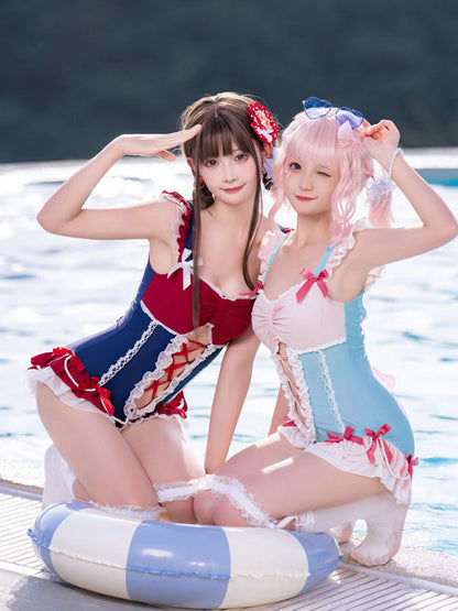 Ruffle Shoulder Pearl Ribbon Decoration Idol Style Swimsuit Dress