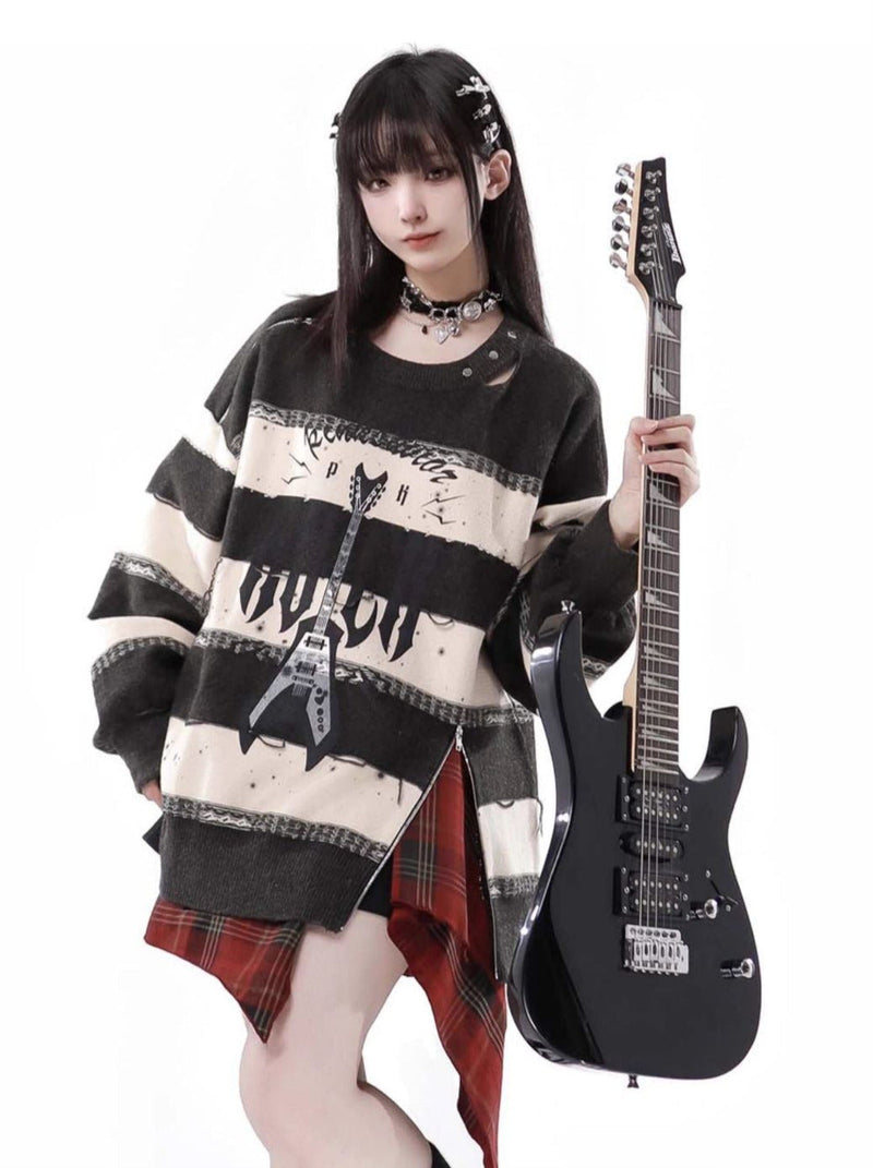 Sound Wave Zip Guitar Striped Top + Two-piece Skirt Set