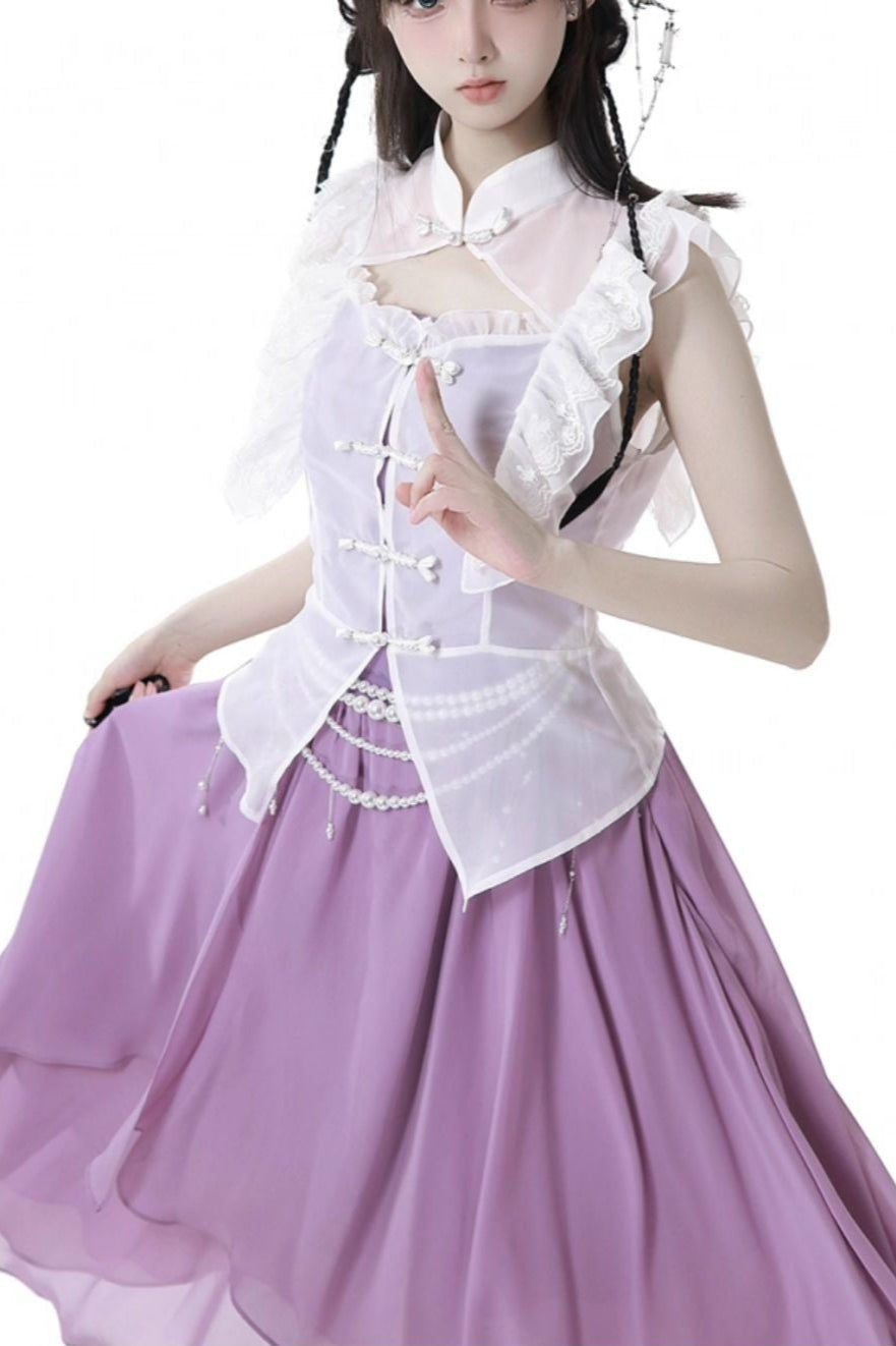Light Smock Suspender Dress + Short Dress + China Design Sleeveless Top + Short Shirt + Pearl Accessories