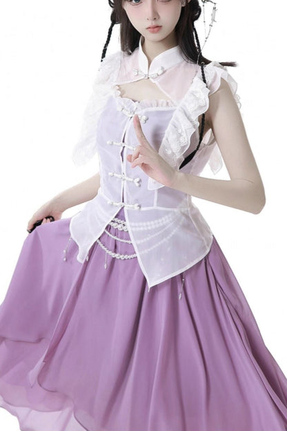 Light Smock Suspender Dress + Short Dress + China Design Sleeveless Top + Short Shirt + Pearl Accessories