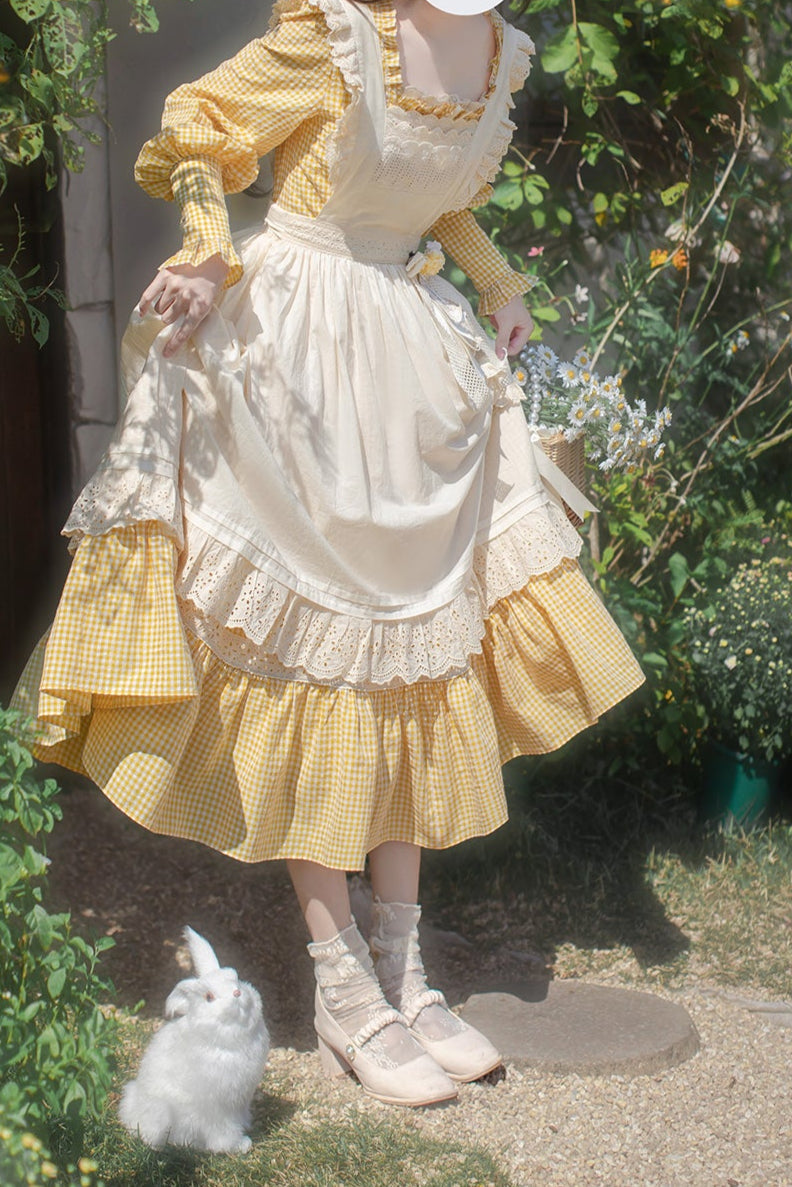 [pre-order] Retro Girly Yellow Dress + Apron + Ribbon