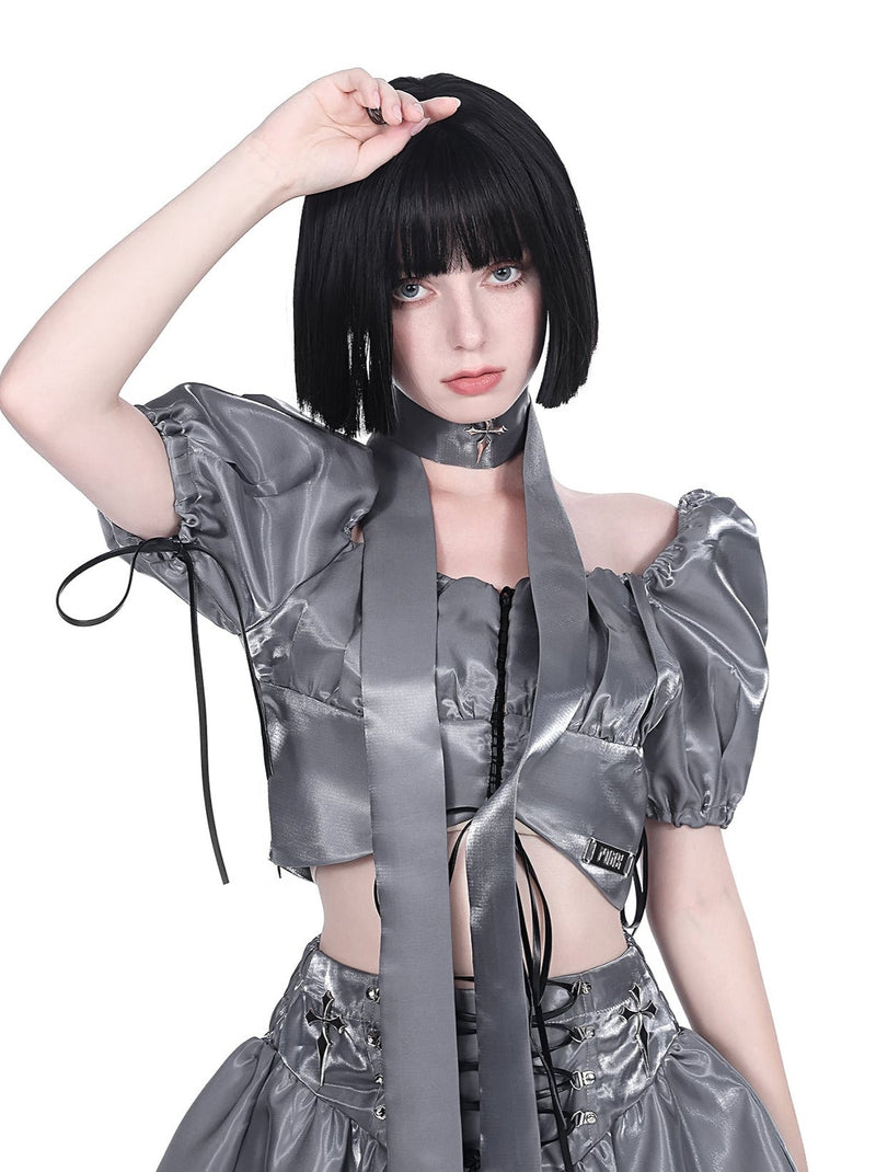 Cyberpunk Glitter Set Cross Neck Stole + Puff Sleeve Short Top + Lace Up Tulle Skirt