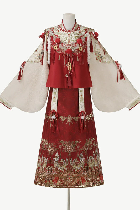 Retro Chinese-style Top + Skirt + Vest + Shoulder