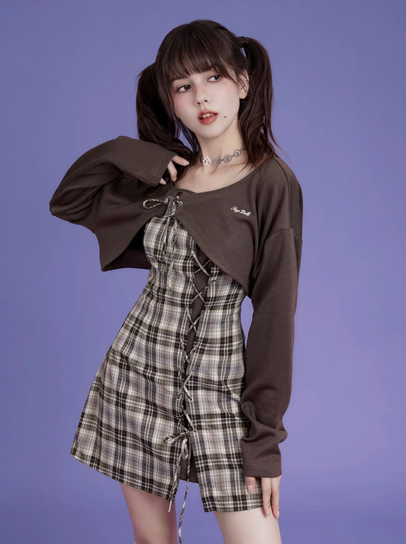 Logo Sweat Top + Plaid Lace Up Camisole Dress
