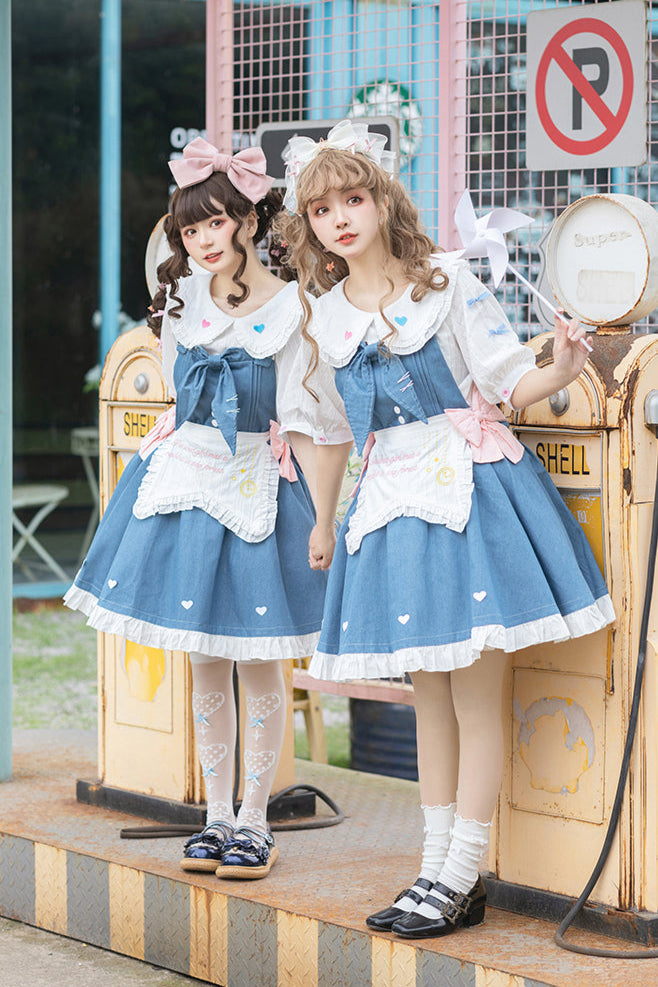 Light Raw Denim Lolita Jumper-skirt + Doll Innerwear + Apron