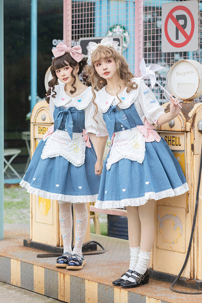 Light Raw Denim Lolita Jumper-skirt + Doll Innerwear + Apron