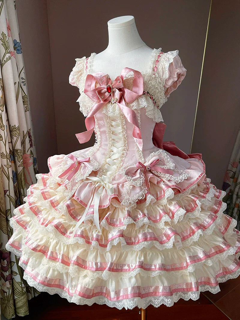 [pre-order Deadline: April 30] Sweet Pink Lolita Lace Ribbon Tiered Ruffle Princess Dress