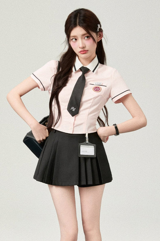 Short Sleeve Slim Waist Shirt + Hip Skirt