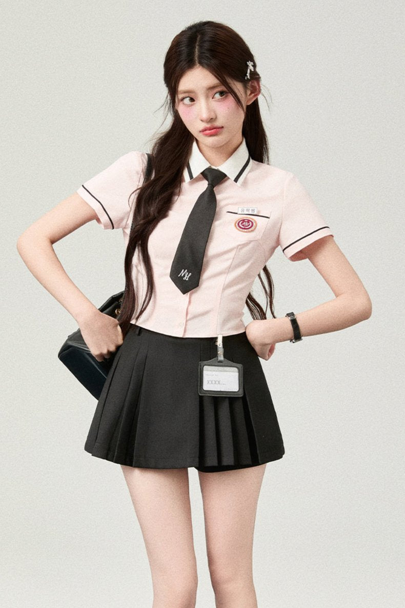 Short Sleeve Slim Waist Shirt + Hip Skirt