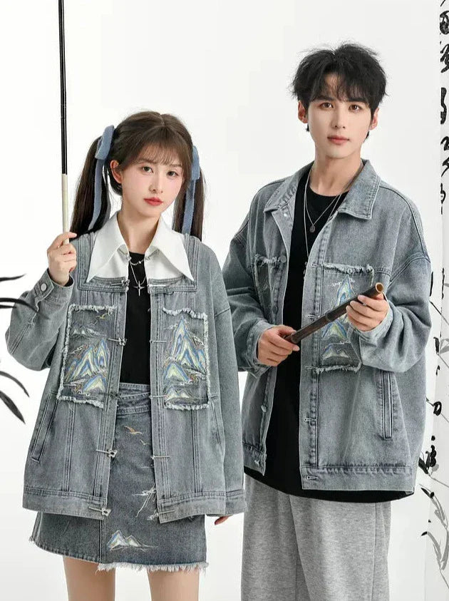 Chinese-style Detachable Collar Denim Jacket Suit