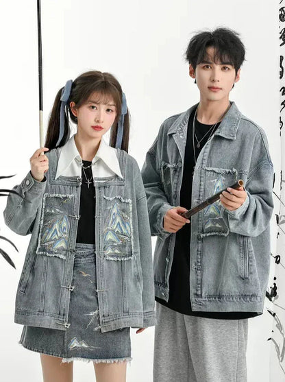 Chinese-style Detachable Collar Denim Jacket Suit