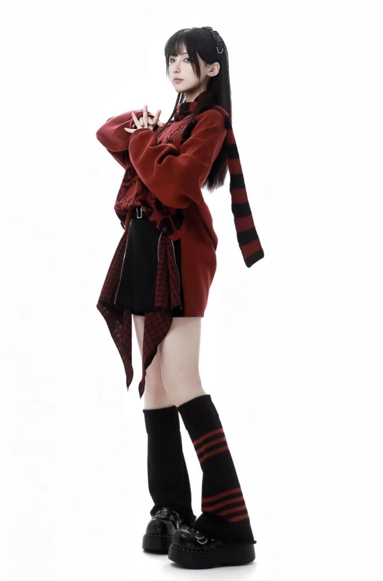 Chinese-style Illustration V Neck Knit Slim Sweater Design Shirt & Skirt Set