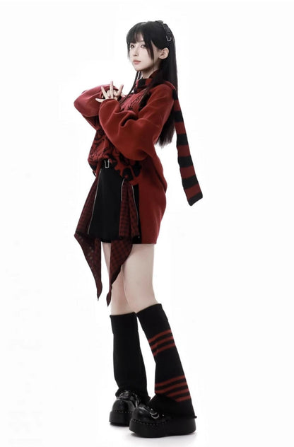 Chinese-style Illustration V Neck Knit Slim Sweater Design Shirt & Skirt Set