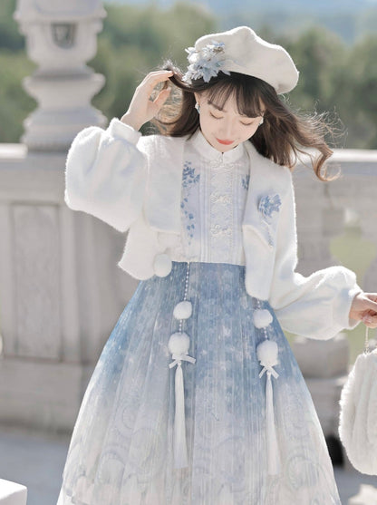 Ice Blue Chinese-style Dress + Fur Short Coat