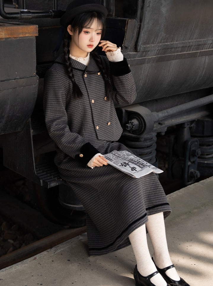 Dark Retro Plaid Top + Double Ribbon Flared Skirt