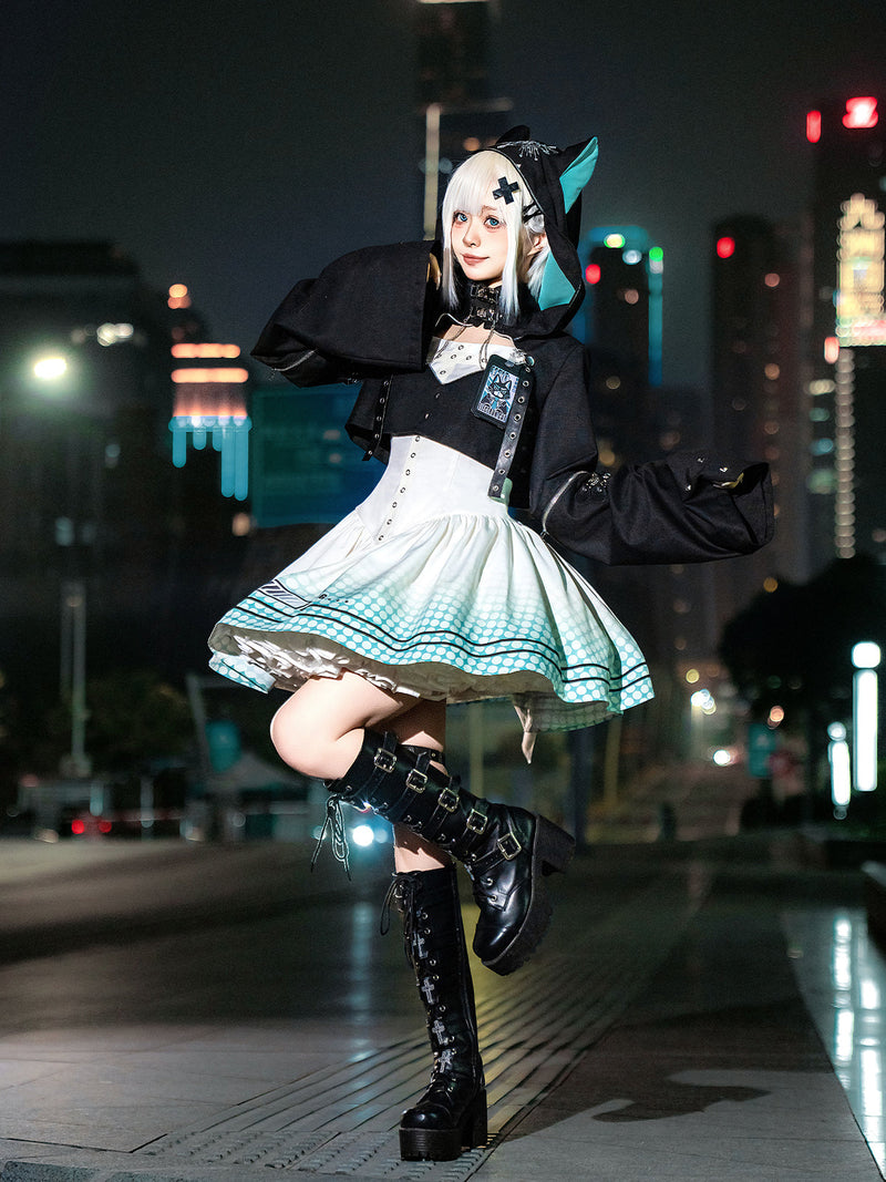 [pre-order] Daily Gothic Retro Punk Style Hooded Jacket + Pleated Jumper Skirt