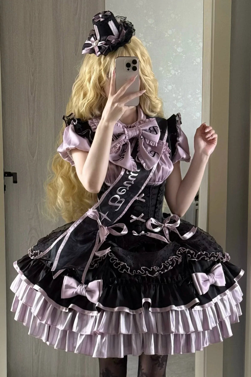 [order Deadline: May 12] Black Purple Lolita Idol Ribbon Puff Sleeve Shirt + Corset Tulle Pull-up Jks Dress Set