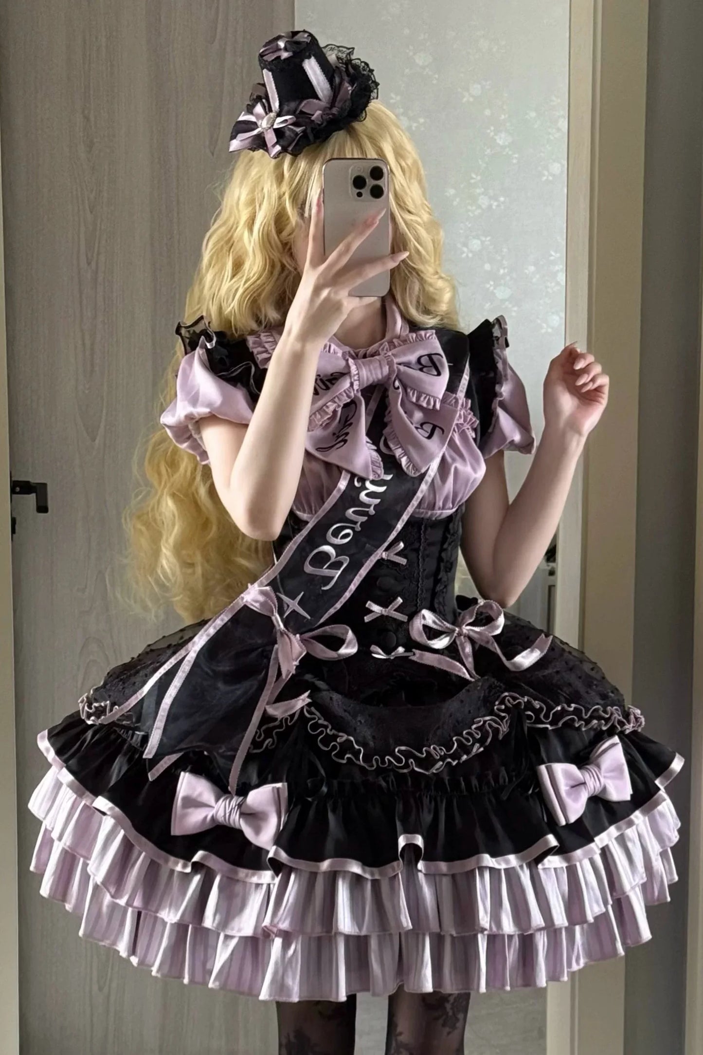 [order Deadline: May 12] Black Purple Lolita Idol Ribbon Puff Sleeve Shirt + Corset Tulle Pull-up Jks Dress Set