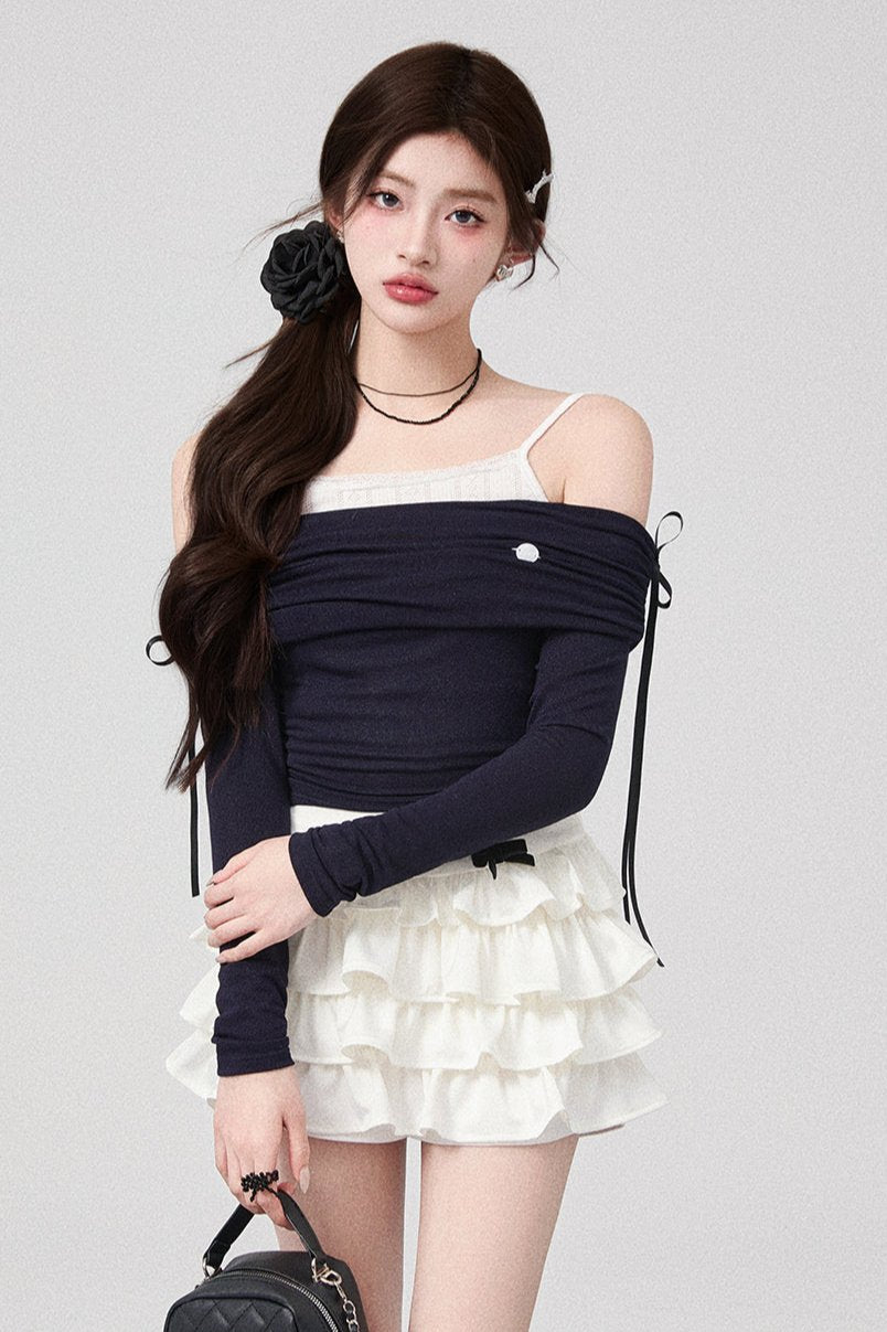 Bow One Shoulder Knit Top + Pleated Skirt + Ribbon Tiered Skirt