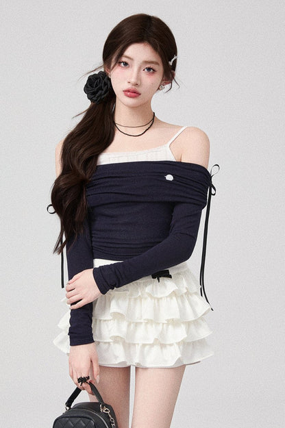 Bow One Shoulder Knit Top + Pleated Skirt + Ribbon Tiered Skirt