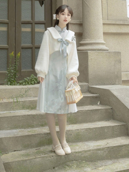 Retro Chinese-style Dress + Ribbon Short Fur Coat