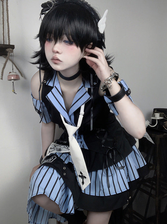 Code Rabbit Original Off Shoulder Striped Shirt + Asymmetric Striped Tiered Skirt + Cross Necktie