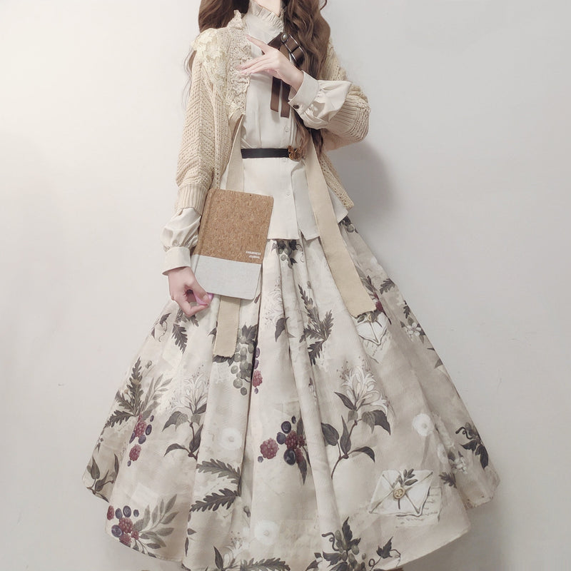 Retro Long Coat + Skirt + Shirt + Vest