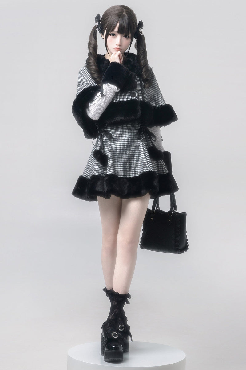 [reservation Deadline February 7th] Retro Check Black Fur Cape + Skirt + Inner Top