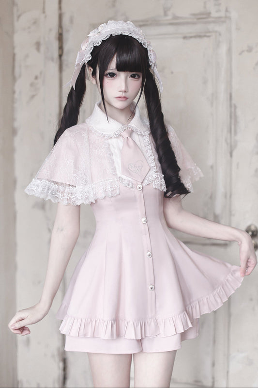 [pre-order Deadline: May 15] Pink Lace Cape Design Tie Color Dress Suit Full Set + Accessories