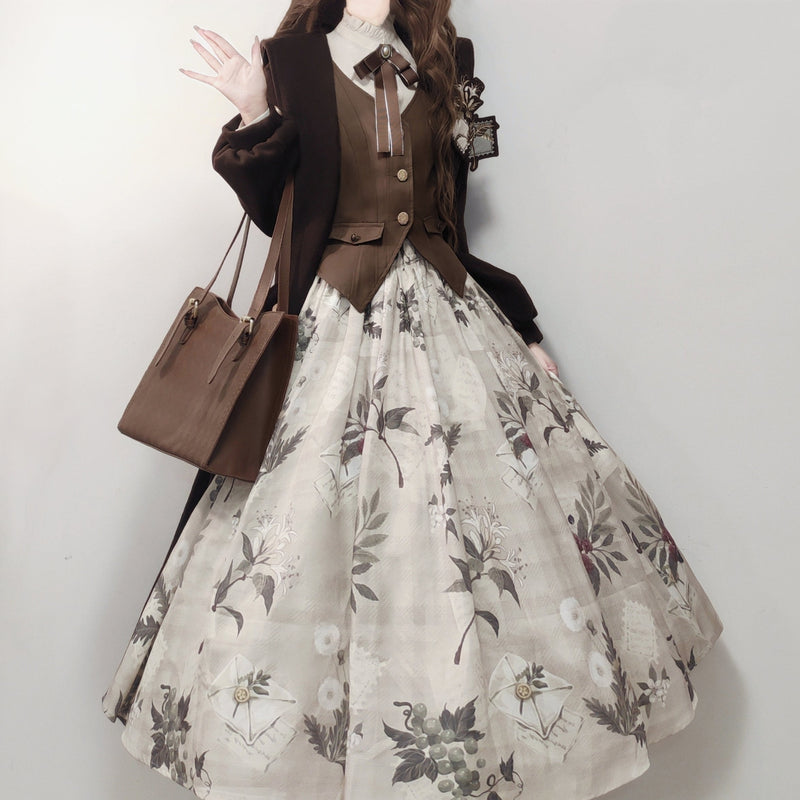 Retro Long Coat + Skirt + Shirt + Vest