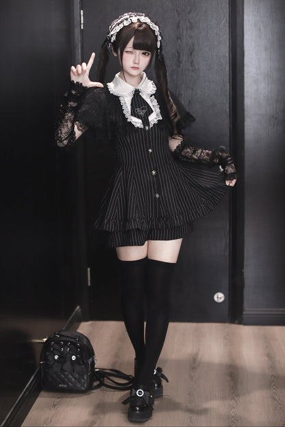 [reservation Deadline: May 15] Black Pinstripe Lace Cape Design Thai Collar Dress Suit Full Set + Accessories