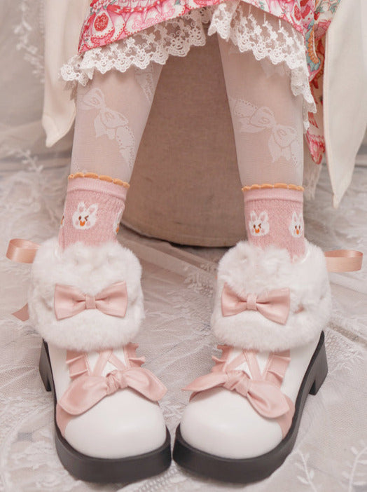 Snow Lolita Mid-heel Color Block Ribbon Sweet Velvet Short Boots