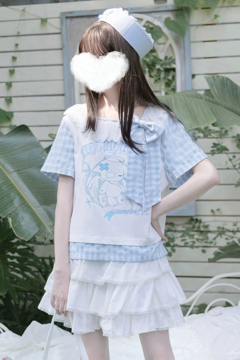 Gingham Plaid Ribbon Top + Tiered Skirt