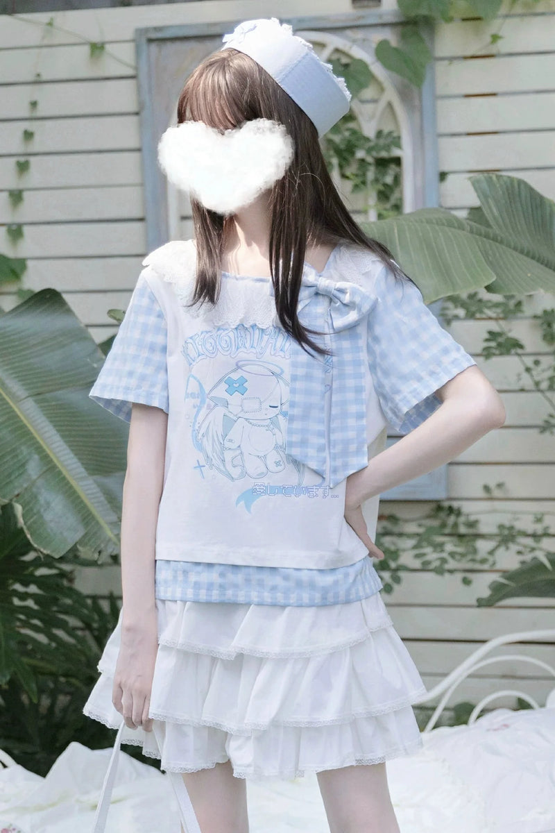 Gingham Plaid Ribbon Top + Tiered Skirt